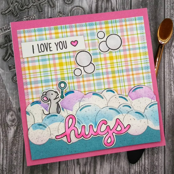 "As many hugs, as there are bubbles!" Lawn Fawn Card