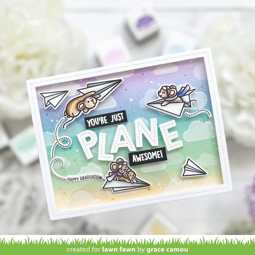 Lawn Fawn - Clear Stamps - Just Plane Awesome Sentiment Trails-ScrapbookPal