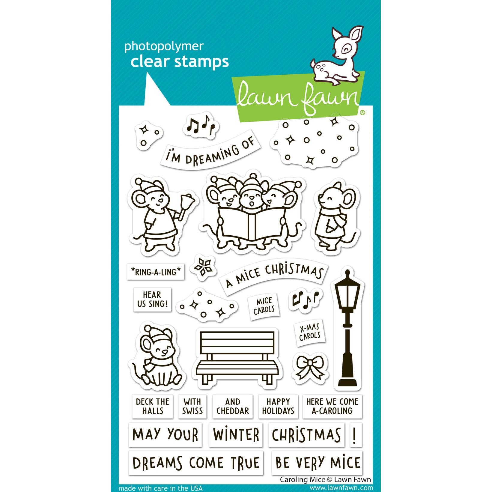 Lawn Fawn - Clear Stamps, Lawn Cuts & Coloring Stencils - Caroling Mice-ScrapbookPal