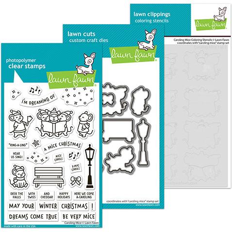 Lawn Fawn - Clear Stamps, Lawn Cuts &amp; Coloring Stencils - Caroling Mice-ScrapbookPal