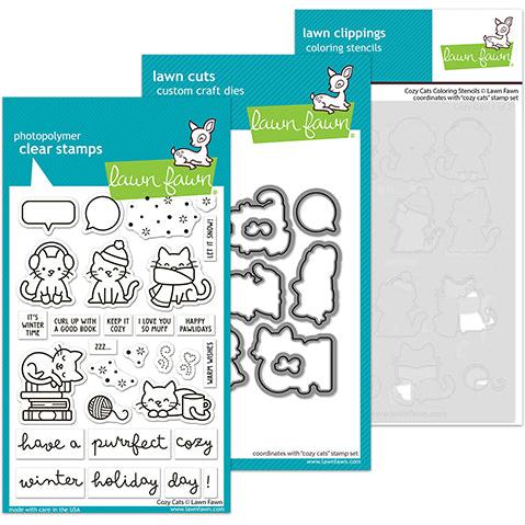 Lawn Fawn - Clear Stamps, Lawn Cuts &amp; Coloring Stencils - Cozy Cats-ScrapbookPal