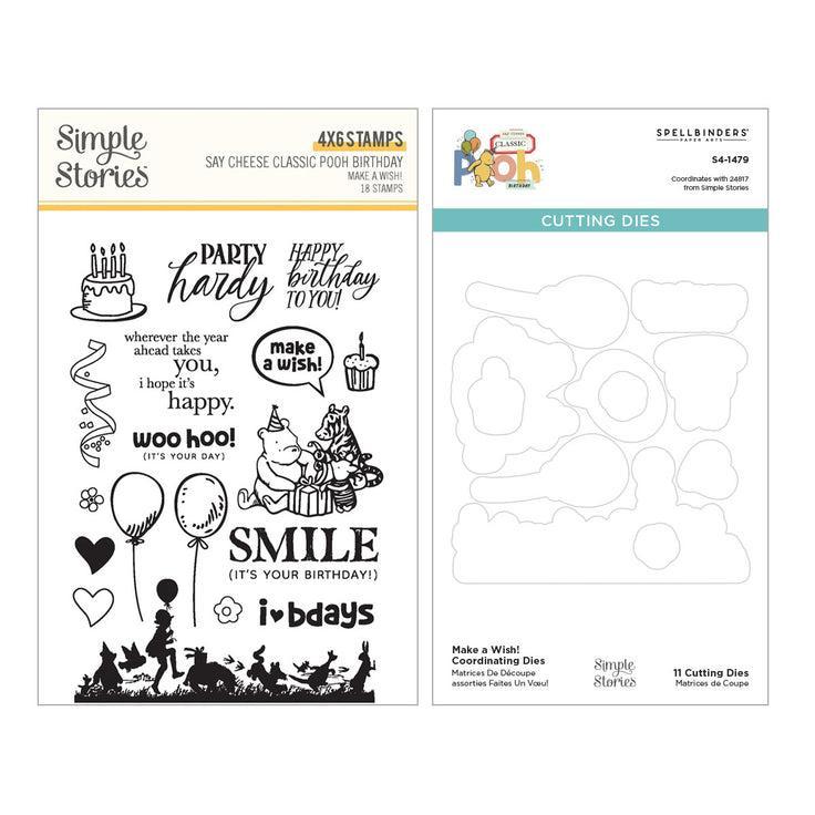 Simple Stories - Say Cheese Classic Pooh Birthday Collection - Clear Stamps & Dies - Make a Wish!-ScrapbookPal