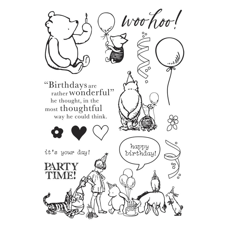 Simple Stories - Say Cheese Classic Pooh Birthday Collection - Clear Stamps & Dies - Woo Hoo!-ScrapbookPal