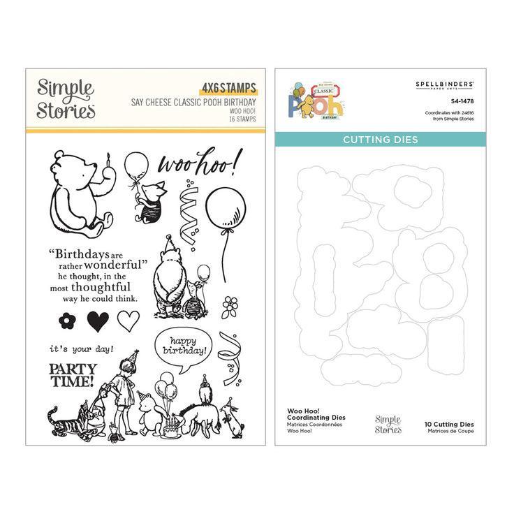 Simple Stories - Say Cheese Classic Pooh Birthday Collection - Clear Stamps & Dies - Woo Hoo!-ScrapbookPal