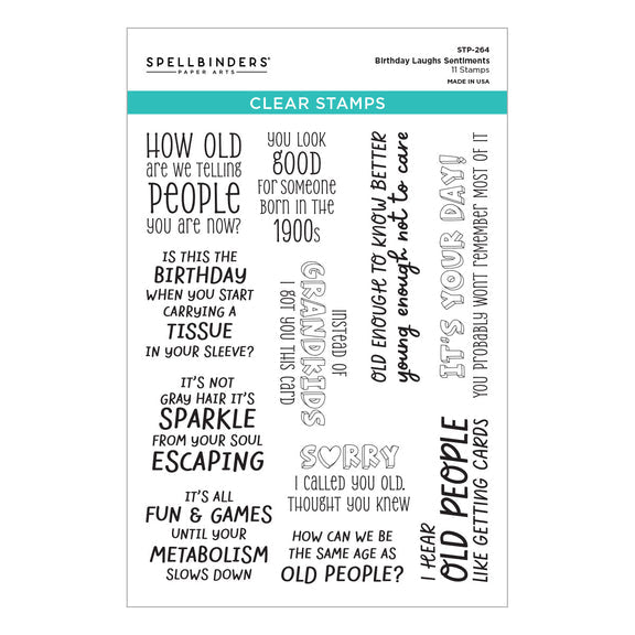 Spellbinders - Aged to Perfection Collection - Clear Stamps - Birthday Laughs Sentiments-ScrapbookPal