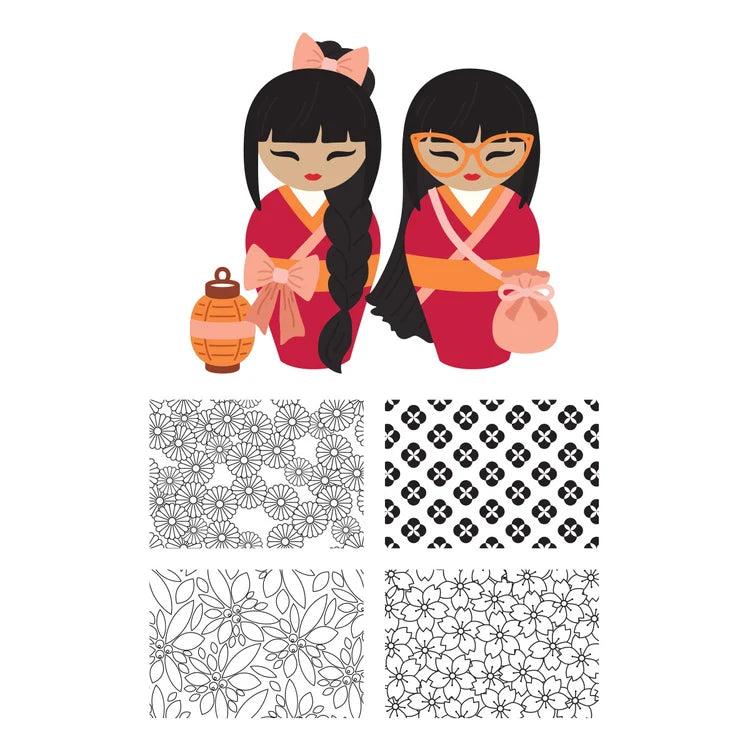 Spellbinders - Autumn in Kyoto Collection - Clear Stamp &amp; Dies - Autumn Kokeshi Dolls-ScrapbookPal
