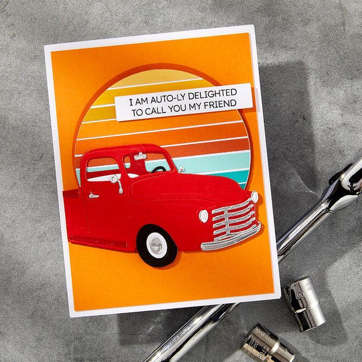 Spellbinders - Classic Road Legends Collection - Clear Stamps & Dies - Cruisin' By Sentiments-ScrapbookPal