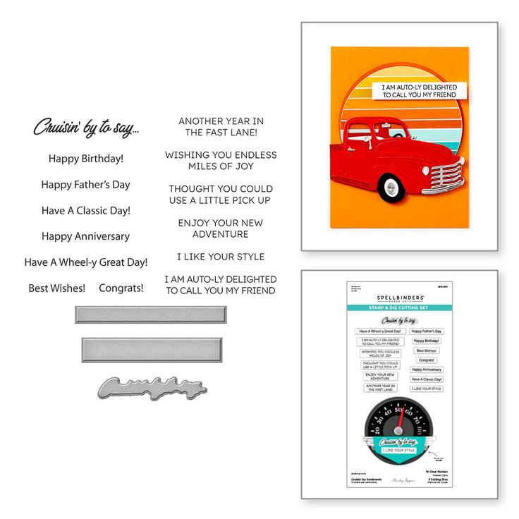 Spellbinders - Classic Road Legends Collection - Clear Stamps & Dies - Cruisin' By Sentiments-ScrapbookPal