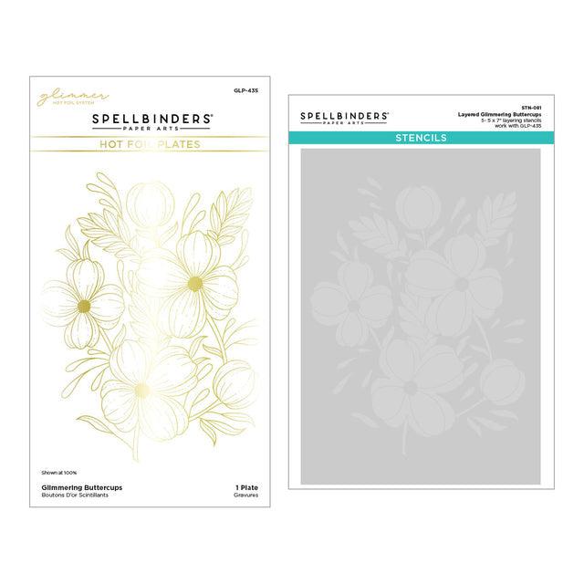 Spellbinders - Glimmering Flowers Collection - Hot Foil Plate &amp; Stencils - Glimmering Buttercups-ScrapbookPal