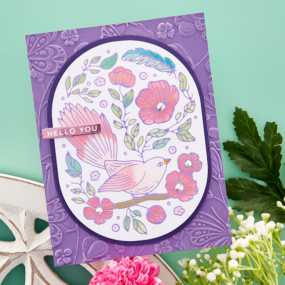 Spellbinders - Stylish Ovals Collection - Glimmer Hot Foil Plate - Stylish Oval Floral Bird