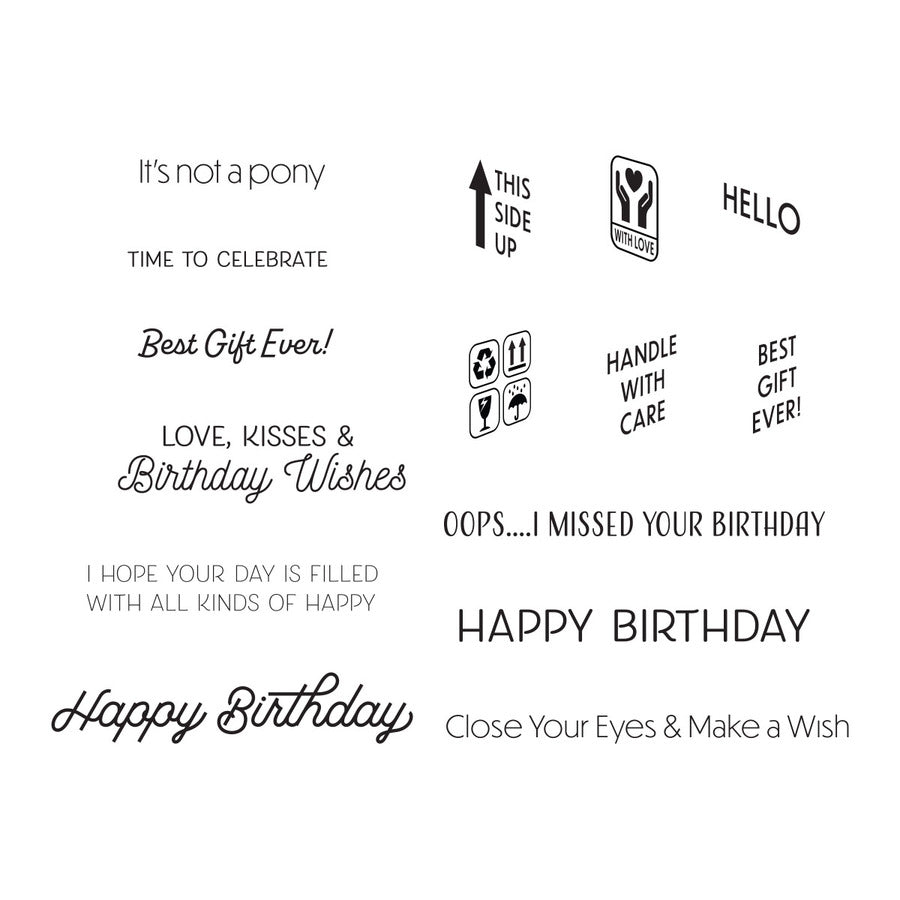 Spellbinders - Birthday Celebrations Collection - Clear Stamps - Birthday Unboxing Sentiments